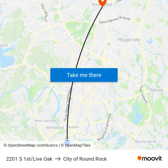 2201 S 1st/Live Oak to City of Round Rock map