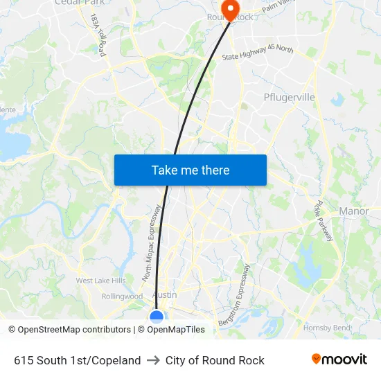 615 South 1st/Copeland to City of Round Rock map