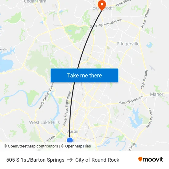 505 S 1st/Barton Springs to City of Round Rock map