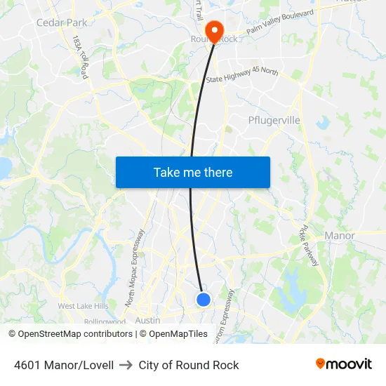 4601 Manor/Lovell to City of Round Rock map