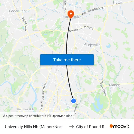 University Hills Nb (Manor/Northeast) to City of Round Rock map