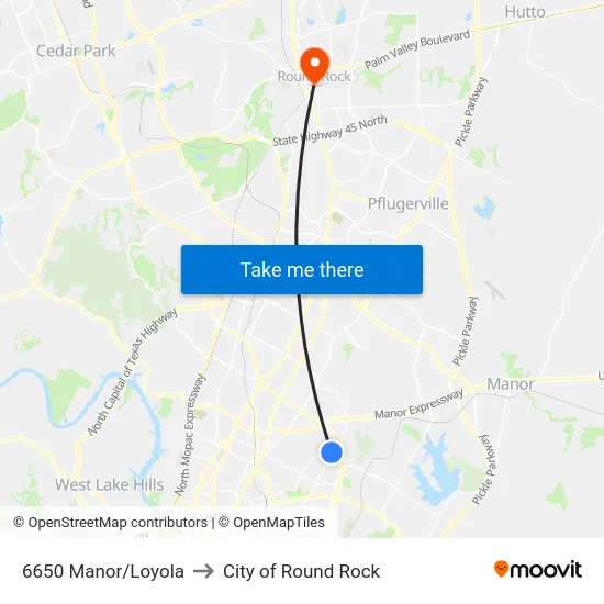 6650 Manor/Loyola to City of Round Rock map