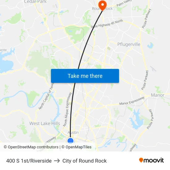 400 S 1st/Riverside to City of Round Rock map