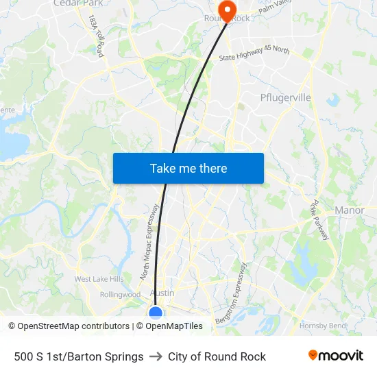 500 S 1st/Barton Springs to City of Round Rock map