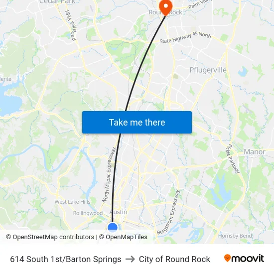 614 South 1st/Barton Springs to City of Round Rock map