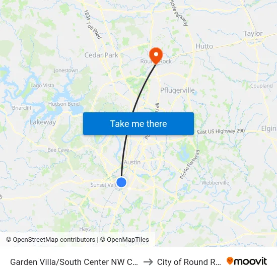 Garden Villa/South Center NW Corner to City of Round Rock map
