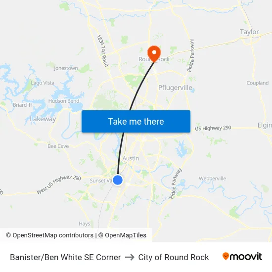 Banister/Ben White SE Corner to City of Round Rock map