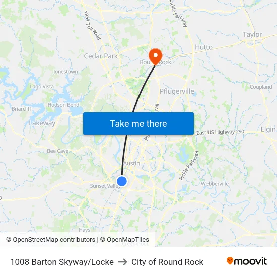 1008 Barton Skyway/Locke to City of Round Rock map