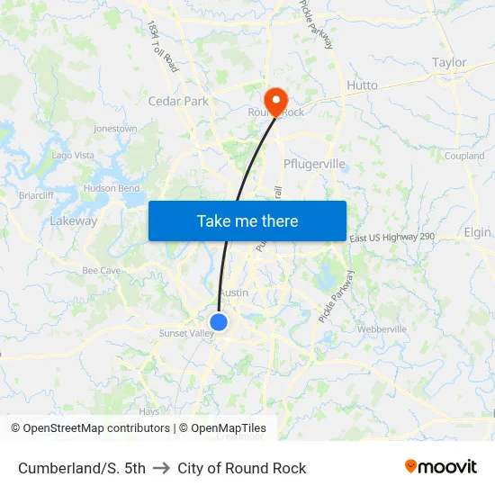 Cumberland/S. 5th to City of Round Rock map