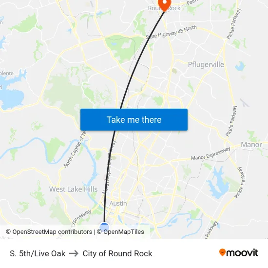 S. 5th/Live Oak to City of Round Rock map