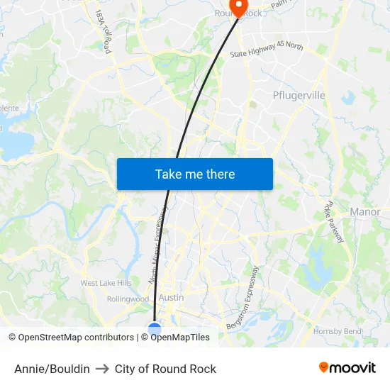 Annie/Bouldin to City of Round Rock map