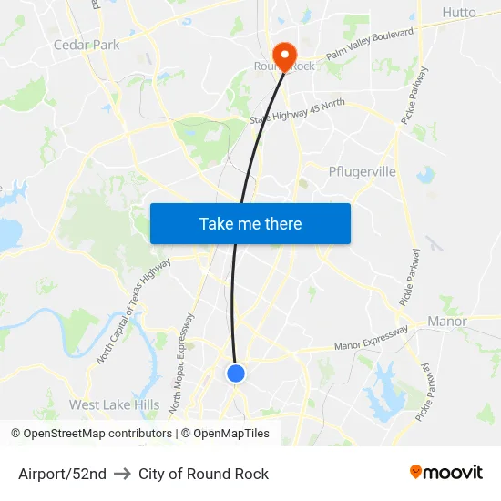 Airport/52nd to City of Round Rock map