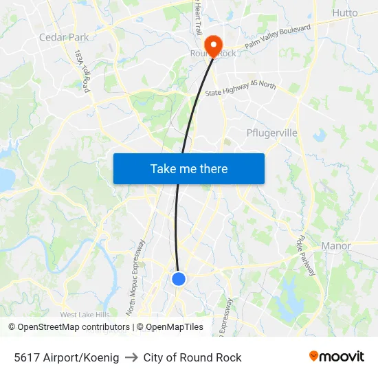 5617 Airport/Koenig to City of Round Rock map