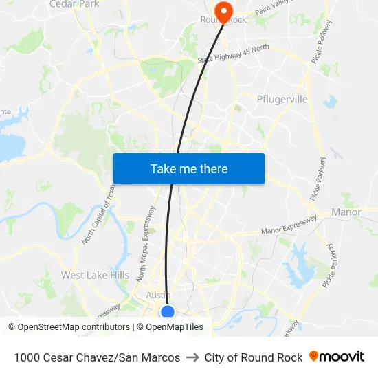 1000 Cesar Chavez/San Marcos to City of Round Rock map