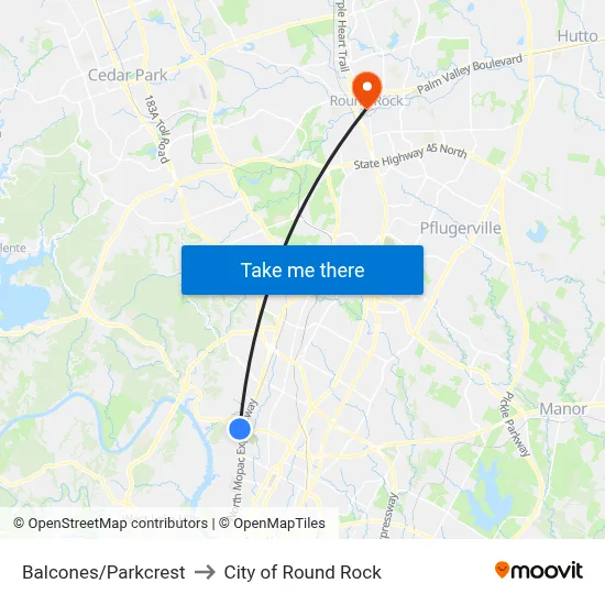 Balcones/Parkcrest to City of Round Rock map