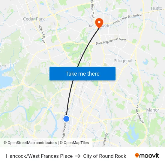 Hancock/West Frances Place to City of Round Rock map