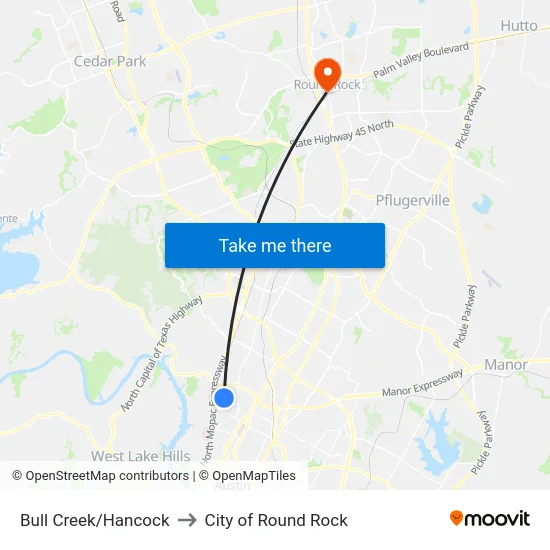 Bull Creek/Hancock to City of Round Rock map