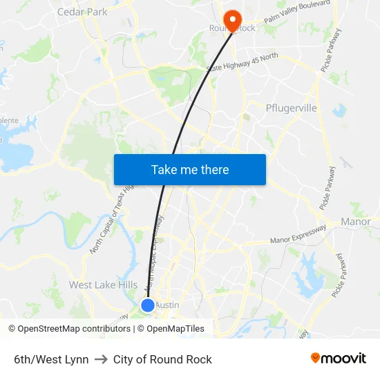 6th/West Lynn to City of Round Rock map
