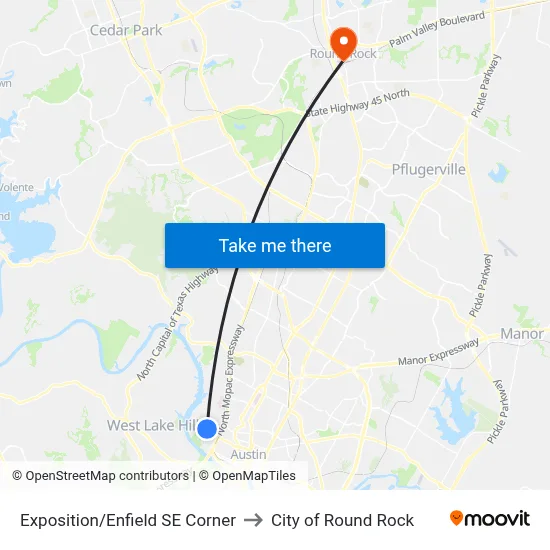 Exposition/Enfield SE Corner to City of Round Rock map