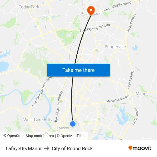 Lafayette/Manor to City of Round Rock map