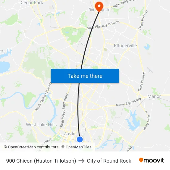 900 Chicon (Huston-Tillotson) to City of Round Rock map