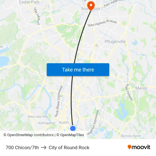 700 Chicon/7th to City of Round Rock map