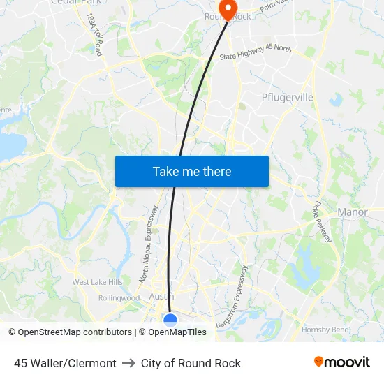 45 Waller/Clermont to City of Round Rock map