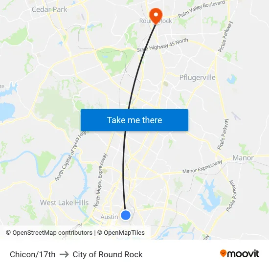 Chicon/17th to City of Round Rock map