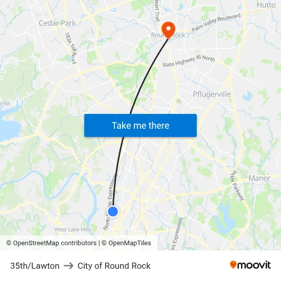 35th/Lawton to City of Round Rock map
