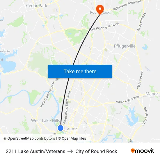 2211 Lake Austin/Veterans to City of Round Rock map