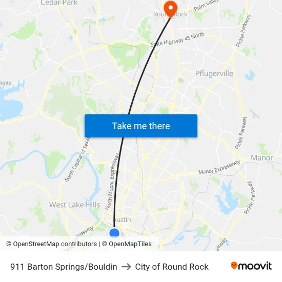 911 Barton Springs/Bouldin to City of Round Rock map
