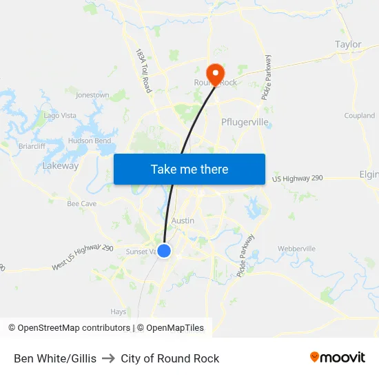 Ben White/Gillis to City of Round Rock map