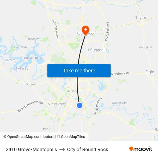2410 Grove/Montopolis to City of Round Rock map