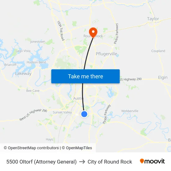 5500 Oltorf (Attorney General) to City of Round Rock map