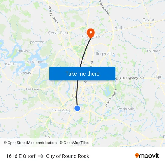 1616 E Oltorf to City of Round Rock map
