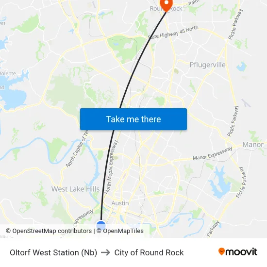 Oltorf West Station (Nb) to City of Round Rock map