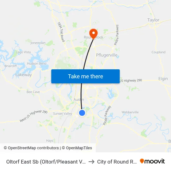 Oltorf East Sb (Oltorf/Pleasant Valley) to City of Round Rock map