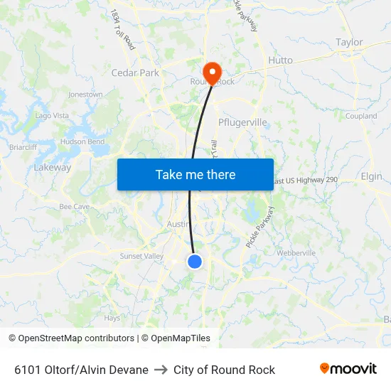 6101 Oltorf/Alvin Devane to City of Round Rock map