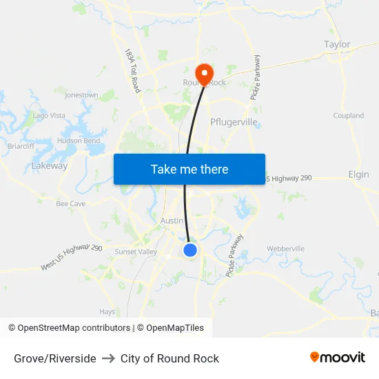 Grove/Riverside to City of Round Rock map
