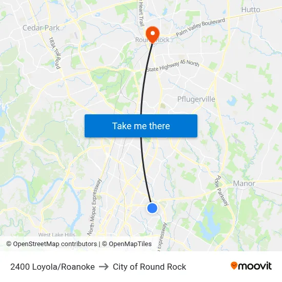 2400 Loyola/Roanoke to City of Round Rock map