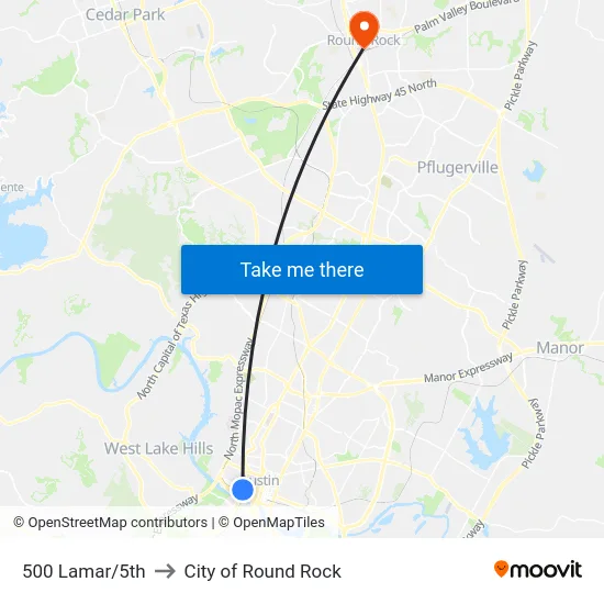 500 Lamar/5th to City of Round Rock map