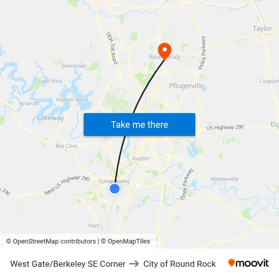 West Gate/Berkeley SE Corner to City of Round Rock map