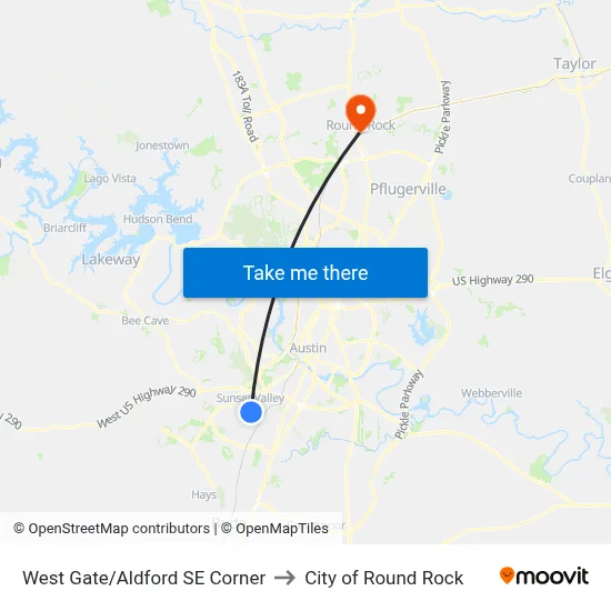 West Gate/Aldford SE Corner to City of Round Rock map