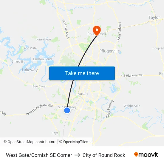 West Gate/Cornish SE Corner to City of Round Rock map
