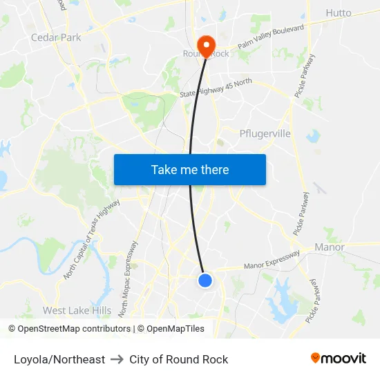 Loyola/Northeast to City of Round Rock map