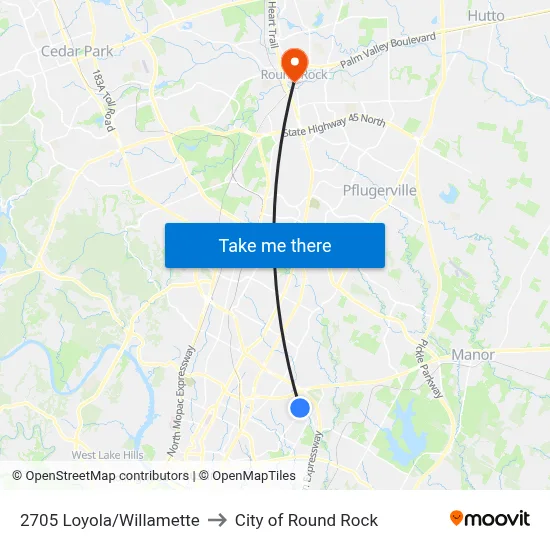 2705 Loyola/Willamette to City of Round Rock map