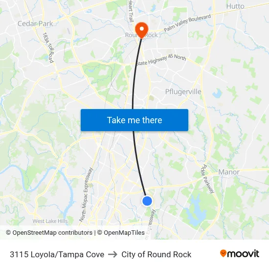 3115 Loyola/Tampa Cove to City of Round Rock map