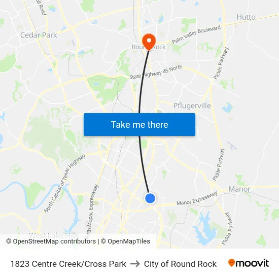 1823 Centre Creek/Cross Park to City of Round Rock map