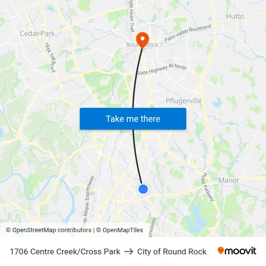 1706 Centre Creek/Cross Park to City of Round Rock map