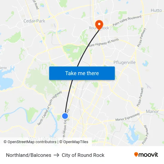 Northland/Balcones to City of Round Rock map
